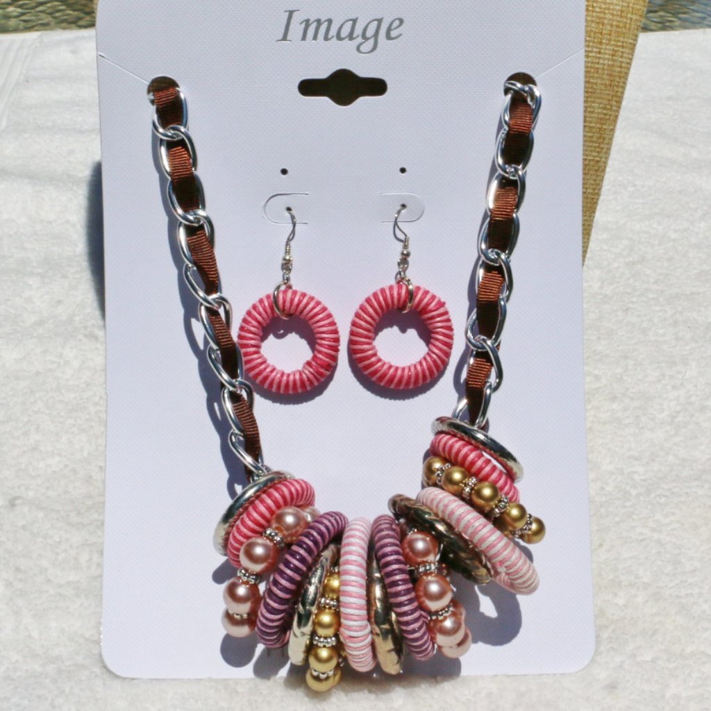 Boho Necklace Statement Pearl Ribbon Silver Set